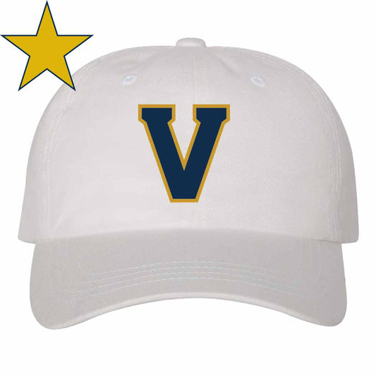 White baseball cap with the Villa Academy V logo embroidered on the front.