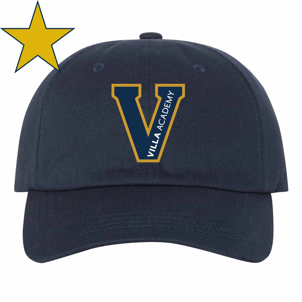 Navy baseball cap with the Villa Academy logo embroidered on the front.