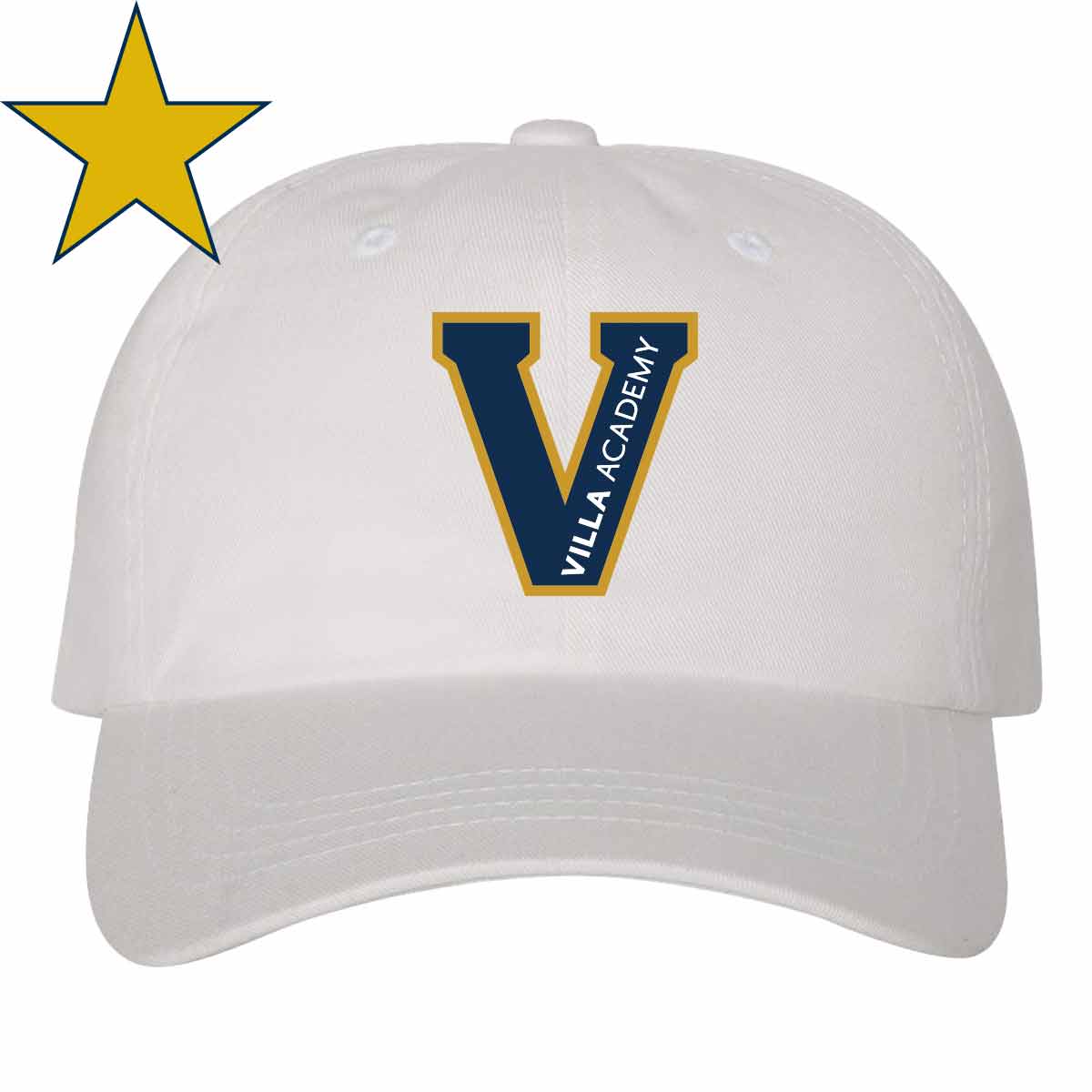 White baseball cap with the Villa Academy logo embroidered on the front.