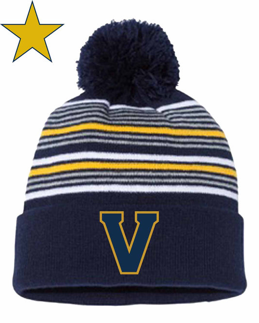 Navy blue Pom hat with white and gold stripes, and the Villa Academy V logo embroidered on the front.