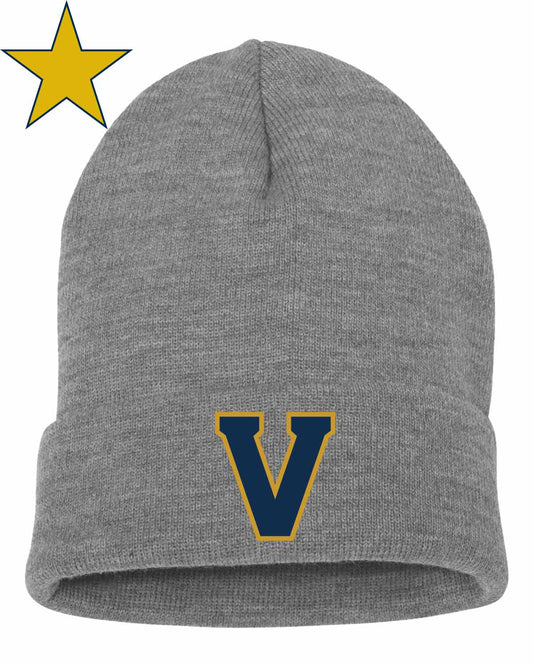 Heather Gray roll up beanie hat with the Villa Academy V logo embroidered on the front.